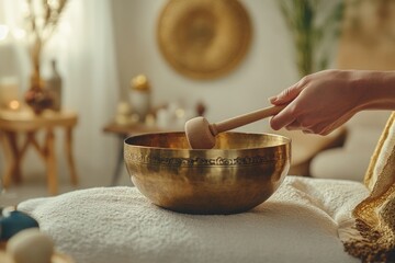 A close-up view of a hand holding a mallet over a Tibetan singing bowl in a serene, softly lit room. The setting evokes tranquility, with the brass bowl and detailed engraving. Sound Therapy