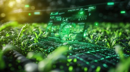 Weeds surrounded by holographic agricultural technology icons, futuristic control interface hovering above, AI data stream overlay, neon green light, digital illustration, futuristic