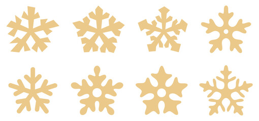 A vector illustration set of eight minimalist gold snowflakes, ideal for elegant holiday and winter designs.