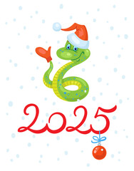 Funny green snake - symbol of Chinese New Year in Santa hat and mitten on tail. Greeting cartoon card 2025. Isolated on white background. Vector flat illustration.