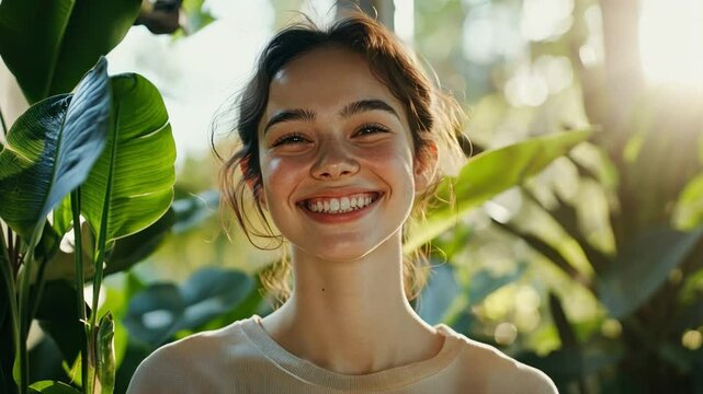 Eco-conscious young woman smiling in minimalist setting Merging sustainability and minimalism in portraiture, ideal for brands promoting eco-friendly and simple living.