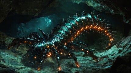 A realistic, mechanical centipede with glowing segments and sharp legs, crawling through a dark cave 