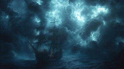 Obraz premium A silhouetted sailing ship navigates through a stormy sea under a dark, stormy sky.