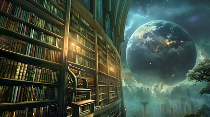 Futuristic Library Bookshelf with Celestial Planetary Backdrop