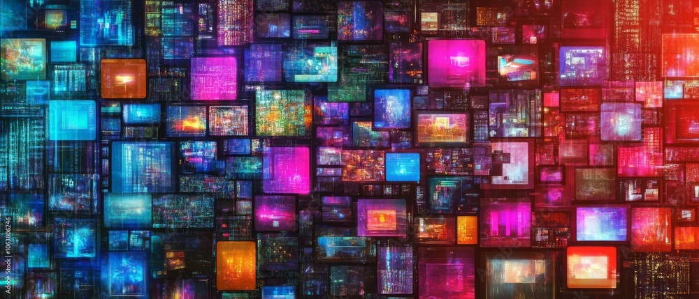 Poster a vibrant and dynamic collage of illuminated digital screens showcasing a wide range of diverse medi
