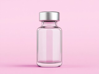 A clear glass vial with a metal cap on a pink background, often used for containing liquids, medicines, or samples.