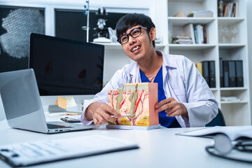 An expert dermatologist is using a skin model to explain or giving a consultation about skin rash, allergy or dermatology condition to patient. A professional doctor diagnose about skin problem.