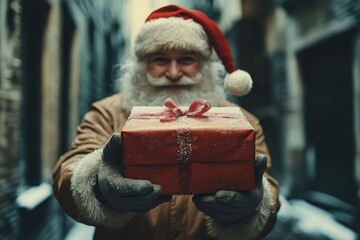 Santa claus offering christmas gift in snowy alleyway