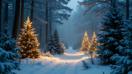 Enchanted woods shimmering with twinkling Christmas trees and softly glowing festive lights of the winter season