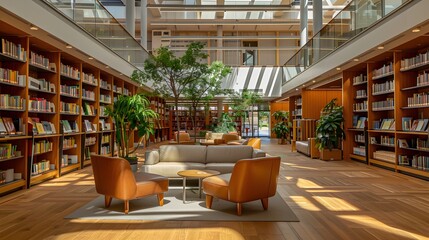 Cozy and Modern Library Interior with Bookshelves Furniture and Natural Lighting