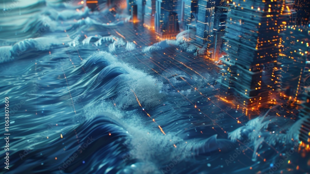 Poster illuminated skyscrapers rise from stylized digital waves, symbolizing the integration of urban envir