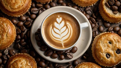 High-angle view of a coffee cup with intricate latte art, surrounded by coffee beans and fresh pastries—inviting warmth and a perfect moment of indulgence