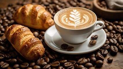 High-angle view of a coffee cup with intricate latte art, surrounded by coffee beans and fresh pastries—inviting warmth and a perfect moment of indulgence