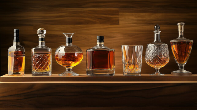 Elegant display of refined spirits in glass bottles on a wooden shelf against a warm backdrop