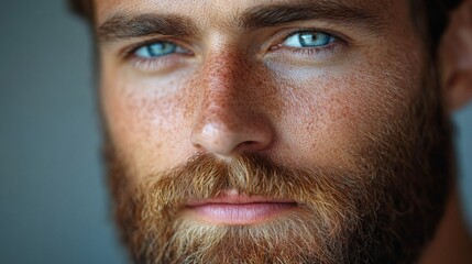 Obraz premium The young man gazes directly at the camera, his striking blue eyes contrasting with his well-groomed beard. The soft background highlights his facial features.