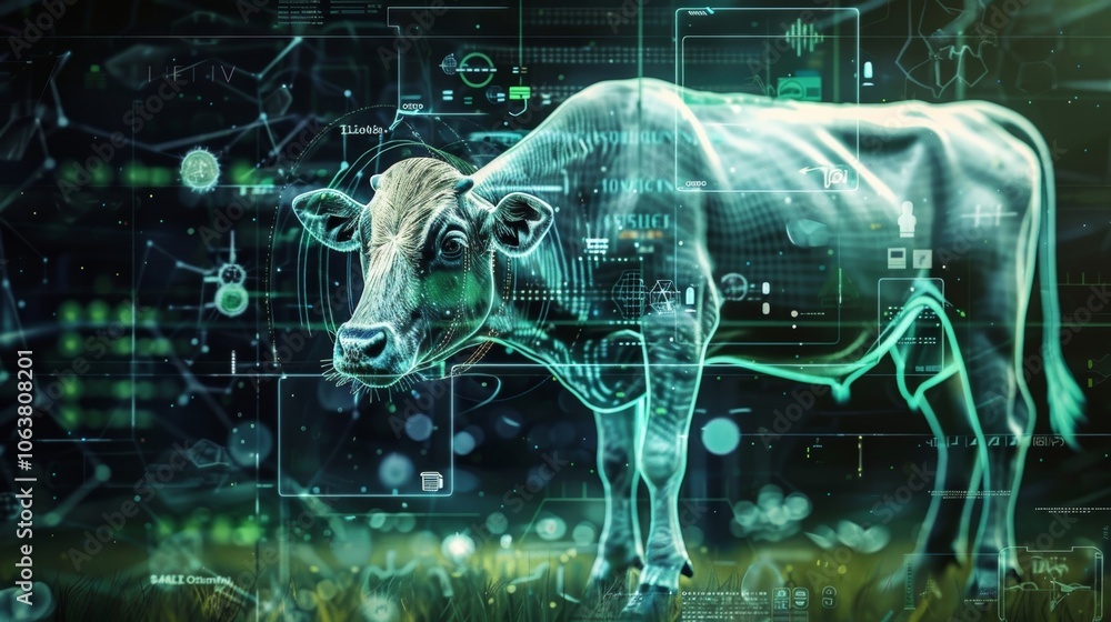 Poster livestock health tracking devices with 5g connectivity transmit realtime data on animal activity all