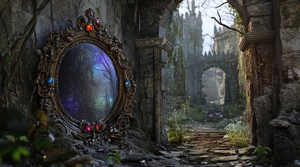 A mystical, overgrown landscape reveals a grand, ornate mirror framed in an intricately designed border adorned with colorful gemstones. The mirror reflects a dreamy, ethereal forest scene, suggesting
