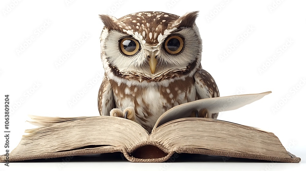 Poster Wise Owl Reading an Open Book in Style