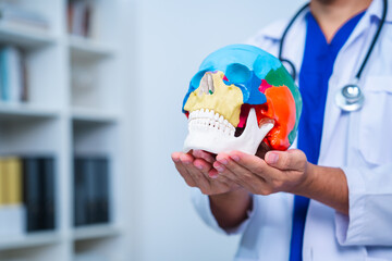 Professional senior doctor holding a skull model to explain in hospital, Concept of brain tumor or cancer surgery, neurology examining. trauma or stroke protection. physiology and health care.