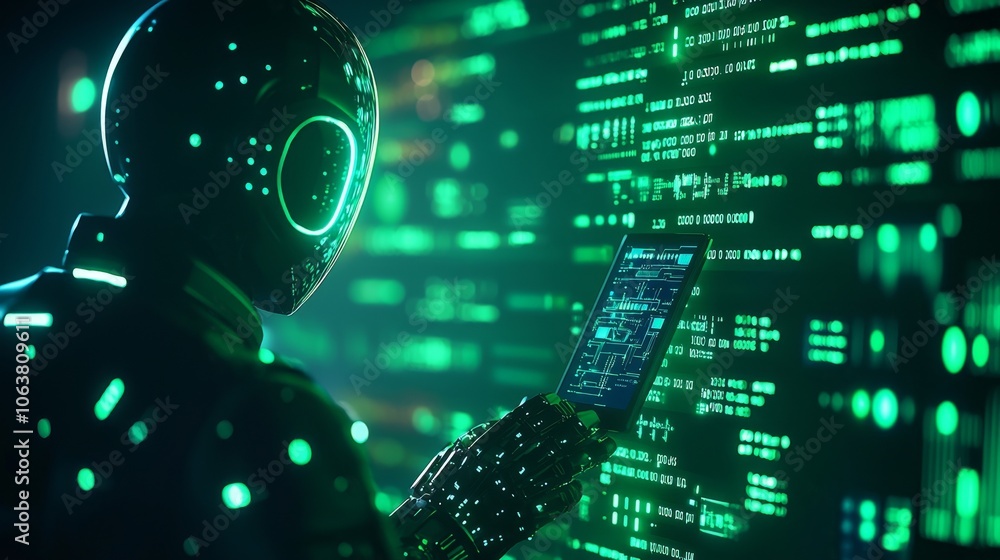 Poster futuristic robot with digital interface