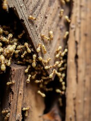Close up image of white ants swarming over a wooden structure in a termite infestation, wood