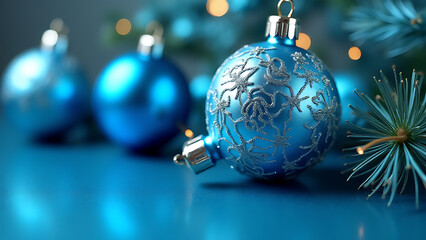 Decorative blue Christmas ornaments with intricate details sit atop a sleek shiny surface for added visual appeal and festive cheer