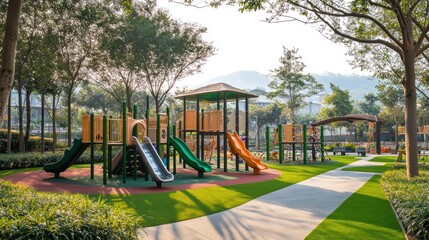 Illustration of a children's playground with various play structures surrounded by grass and trees. Ai generated image