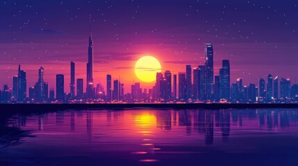 A vibrant sunset over a modern city skyline with reflections in the water.