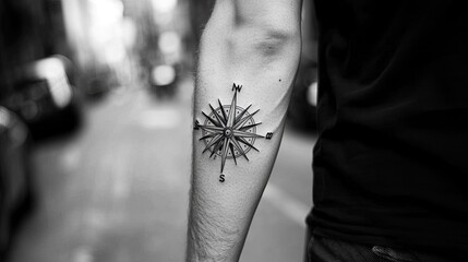 Obraz premium Black-and-white compass tattoo on the forearm, symbolizing direction and adventure, featuring intricate line work for a bold statement.