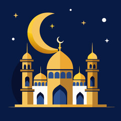 Nighttime Mosque with Crescent Moon