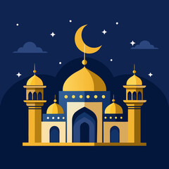 Nighttime Mosque with Crescent Moon