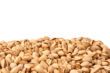 Tasty pistachios isolated on a white background.