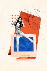 Composite trend artwork sketch image photo collage of young lady appear computer monitor stand confused face emoji staring student funny