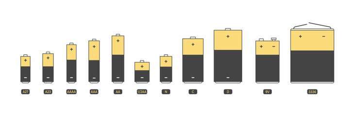 Colorful Alkaline Battery Line Set. Various Types. Vector illustration on white background.