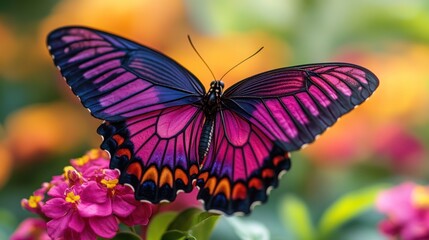 Naklejka premium A vibrant purple butterfly with black and orange markings rests on a pink flower with a blurred background of green and yellow foliage.