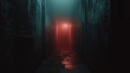 A narrow, foggy alleyway with a red light at the end.