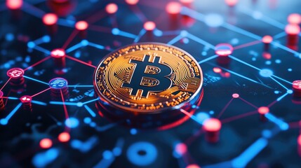 Close-up of a shimmering Bitcoin surrounded by a digital world map and intricate network connections, symbolizing the global impact of cryptocurrency and blockchain technology.