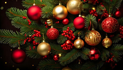 Fototapeta premium red berries adorn christmas tree surrounded gold ornaments