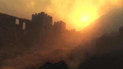 Fototapeta premium A crumbling stone castle wall stands silhouetted against a fiery orange sunset, with mist swirling around it, creating a sense of mystery and history.