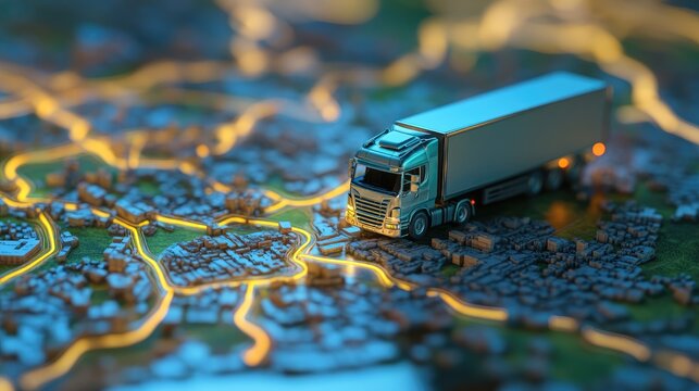 Close-up of a small truck on a digital map with glowing paths, representing efficient logistics, shipping, and supply chain management in global trade.
