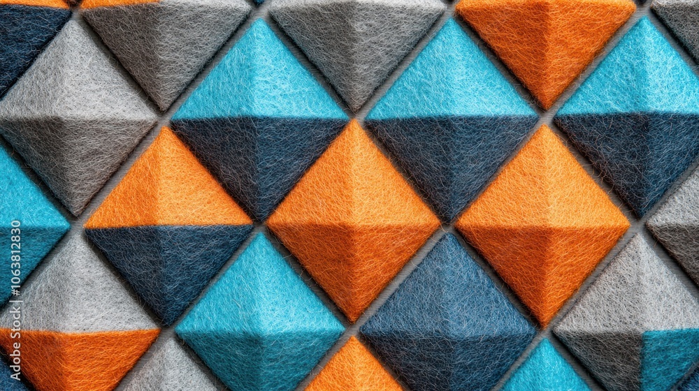 Poster a textured wall featuring colorful felt triangles in geometric patterns.