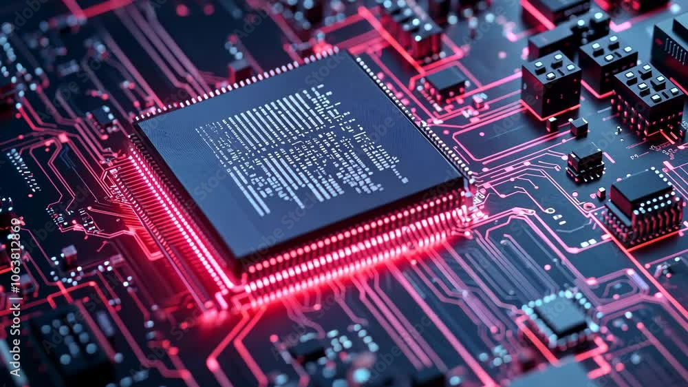 Poster a close-up of a computer chip glowing red on a circuit board