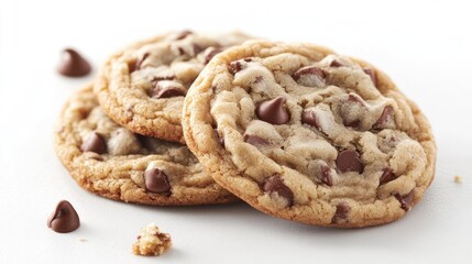 Close-up of classic chocolate chip cookie against a white background, showcasing its rich texture and ingredients. Perfect for dessert branding.