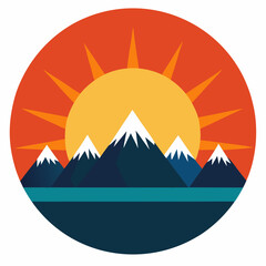 A circular mountain icon with a bright sunrise peeking over the peaks, radiating warmth outward.