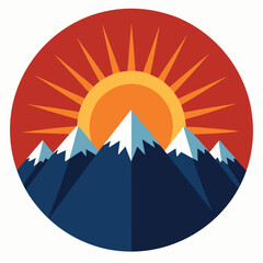 A circular mountain icon with a bright sunrise peeking over the peaks, radiating warmth outward.