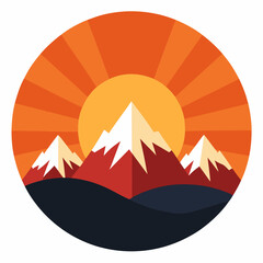 A circular mountain icon with a bright sunrise peeking over the peaks, radiating warmth outward.