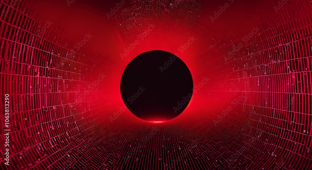 Poster a striking digital tunnel of cascading red binary code converges at a bright center against a black 
