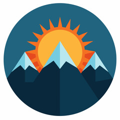 A circular mountain icon with a bright sunrise peeking over the peaks, radiating warmth outward.