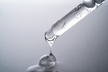 Pipette with facial serum pouring out of it on grey background.