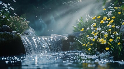 A serene scene captures a gentle waterfall cascading over smooth stones into a tranquil body of water. The surrounding landscape is vibrant with a variety of flowers, including clusters of yellow bloo